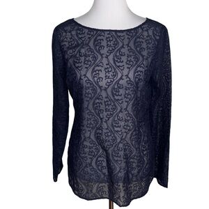 LOFT Navy Lace Sheer  Long Sleeve Blouse